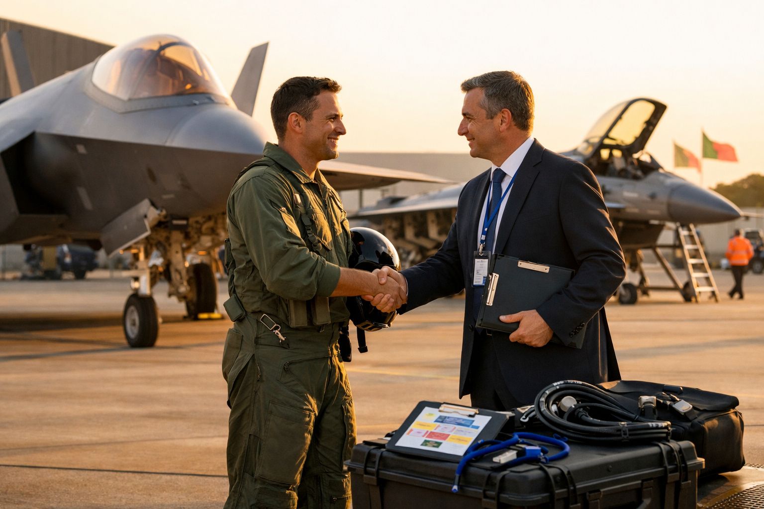 Trei piloți în uniformă militară pregătesc un avion de luptă într-un hangar cu un logo portughez pe perete.