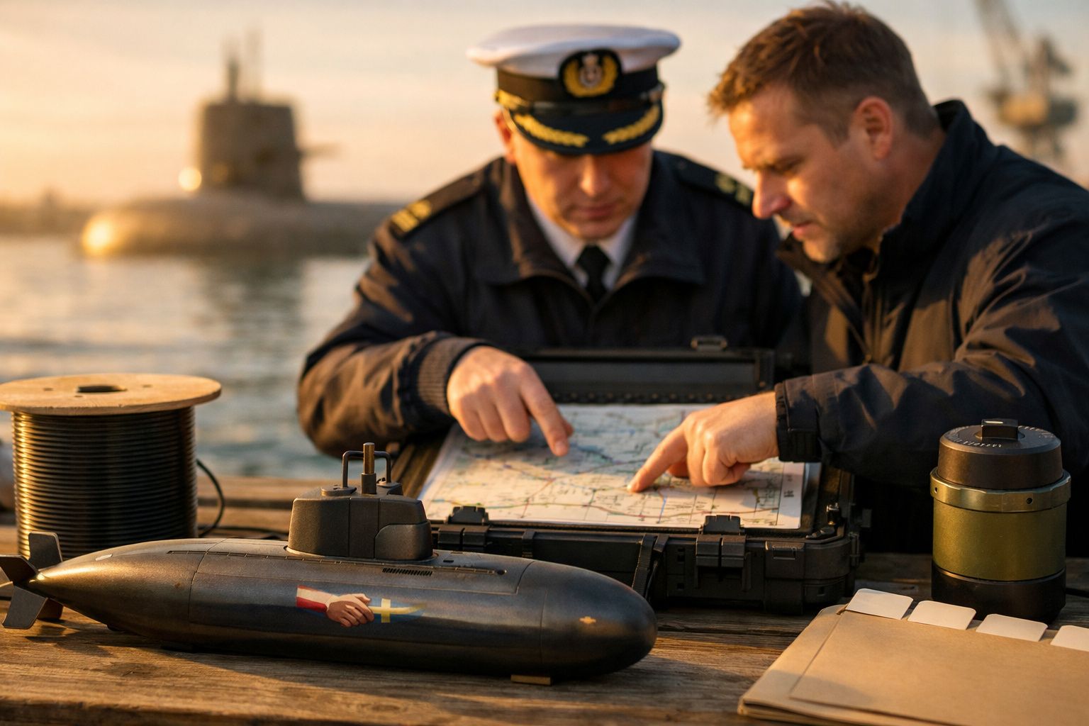 Două persoane dând mâna în fața unui submarin, una purtând uniformă, cealaltă cască de protecție, cu hărți pe masă.