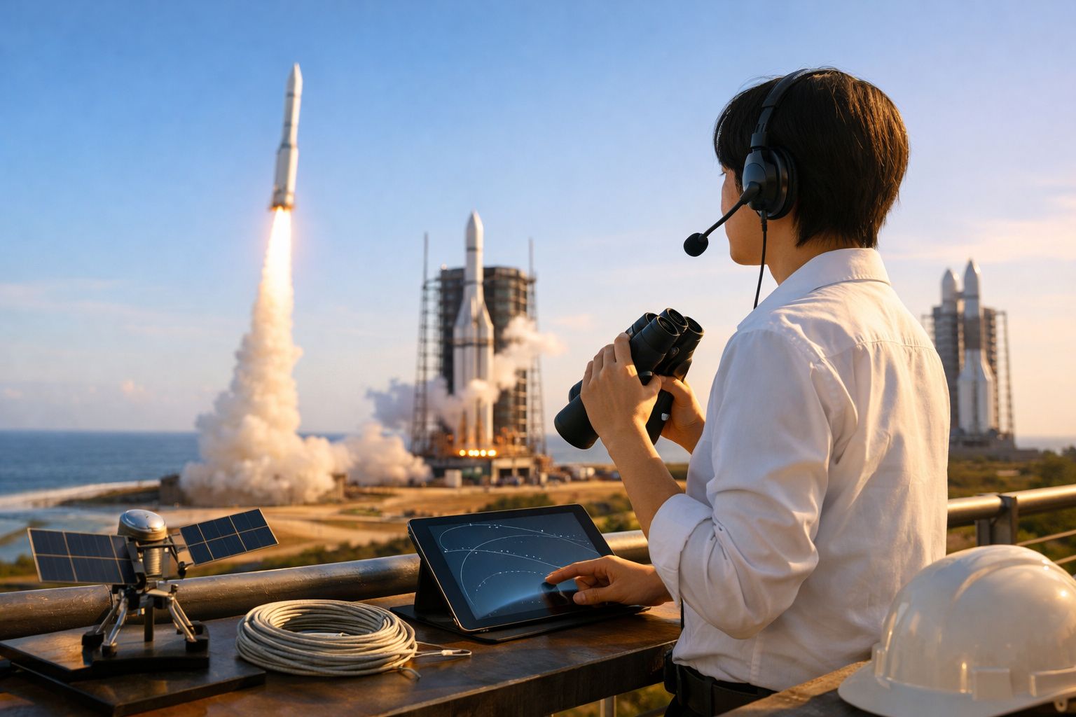 Lansare de rachete văzută dintr-o cameră de control, cu monitor afișând harta Pământului și un model de satelit.