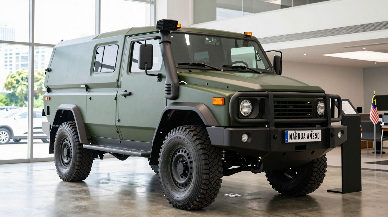 Autovehicul militar blindat de culoare verde într-un muzeu, cu roți mari și faruri rotunde.