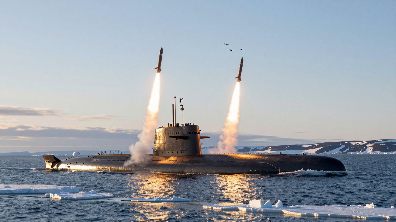 Submarin lansând două rachete peste apă între ghețari în timpul apusului.