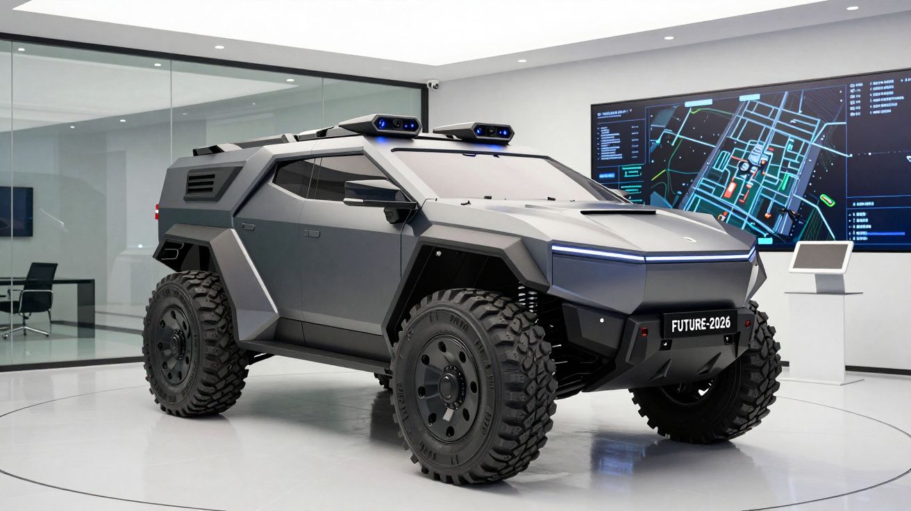 Vehicul blindat futurist gri expus într-o sală modernă cu ecran digital de control în fundal.