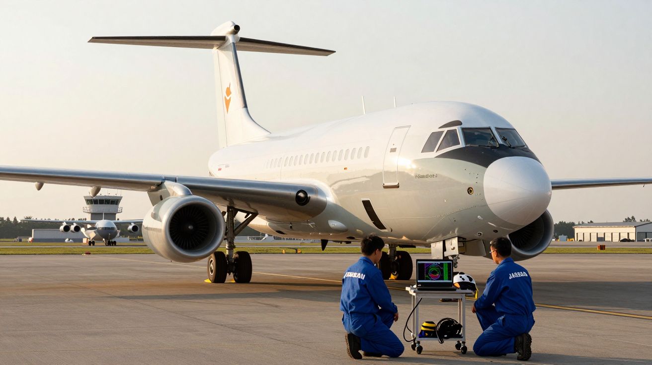 Avion alb parcat pe pistă cu doi tehnicieni în combinezoane albastre care verifică datele pe un laptop.