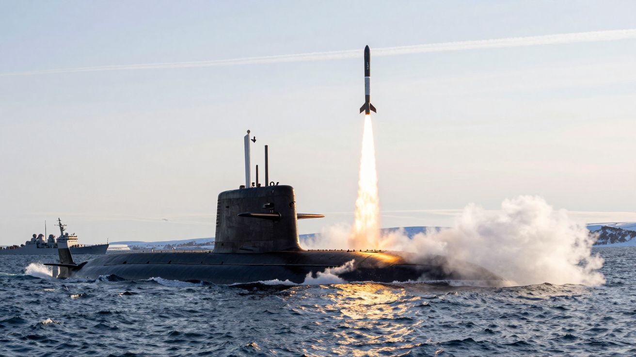Submarin lansând un rachetă în marea agitată, cu un vas militar în fundal.