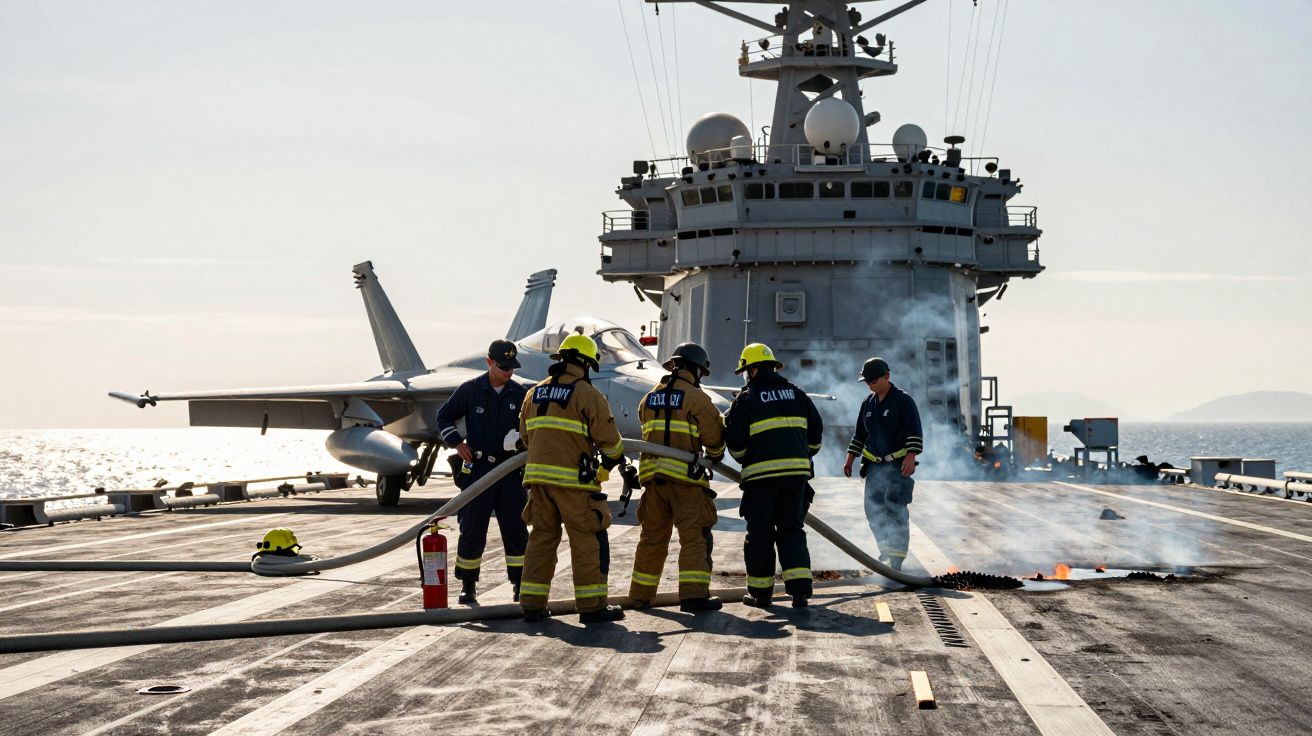 Pompieri militari sting un incendiu pe puntea unui portavion, cu un avion de luptă în fundal.