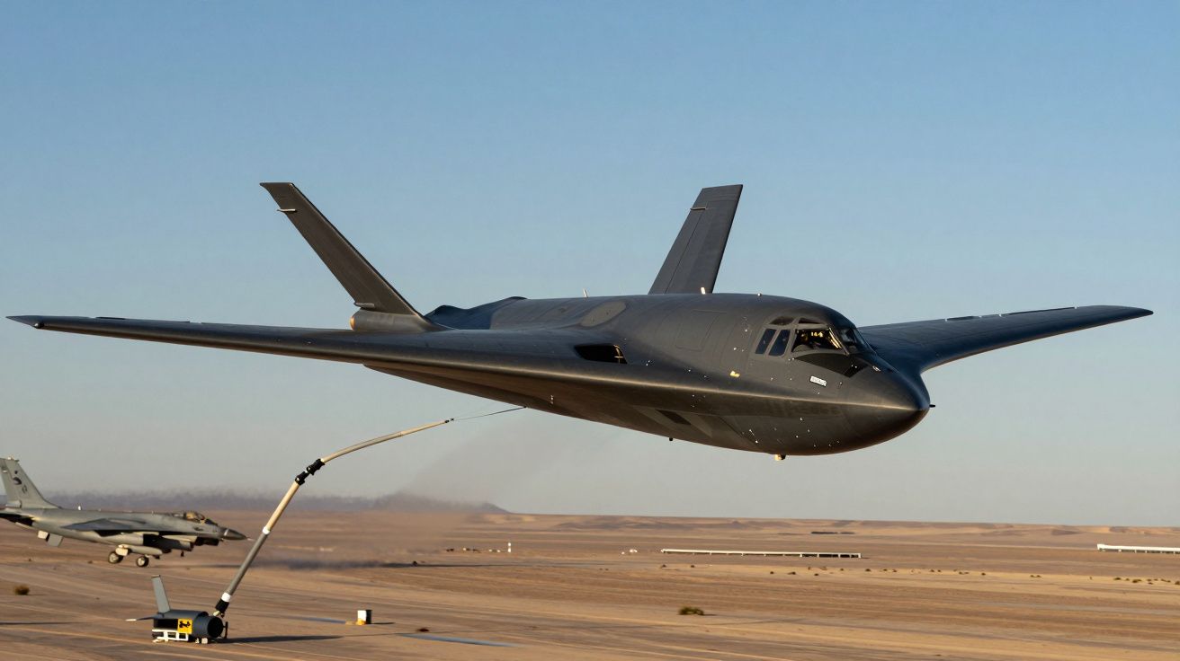 Avion bombardier strategic B-2 Spirit negru în zbor deasupra unui aeroport deșertic.