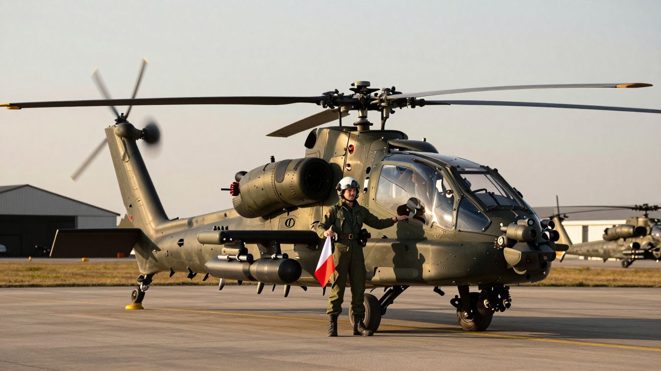 Helicopter militar de atac pe pistă cu pilot în echipament, ținând un steag, sub lumina apusului.