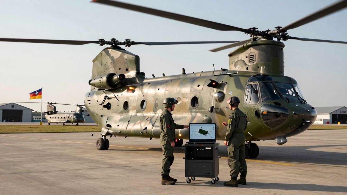 Elicopter militar verde închis pe pistă, cu doi soldați în echipament lângă un dispozitiv tehnic.