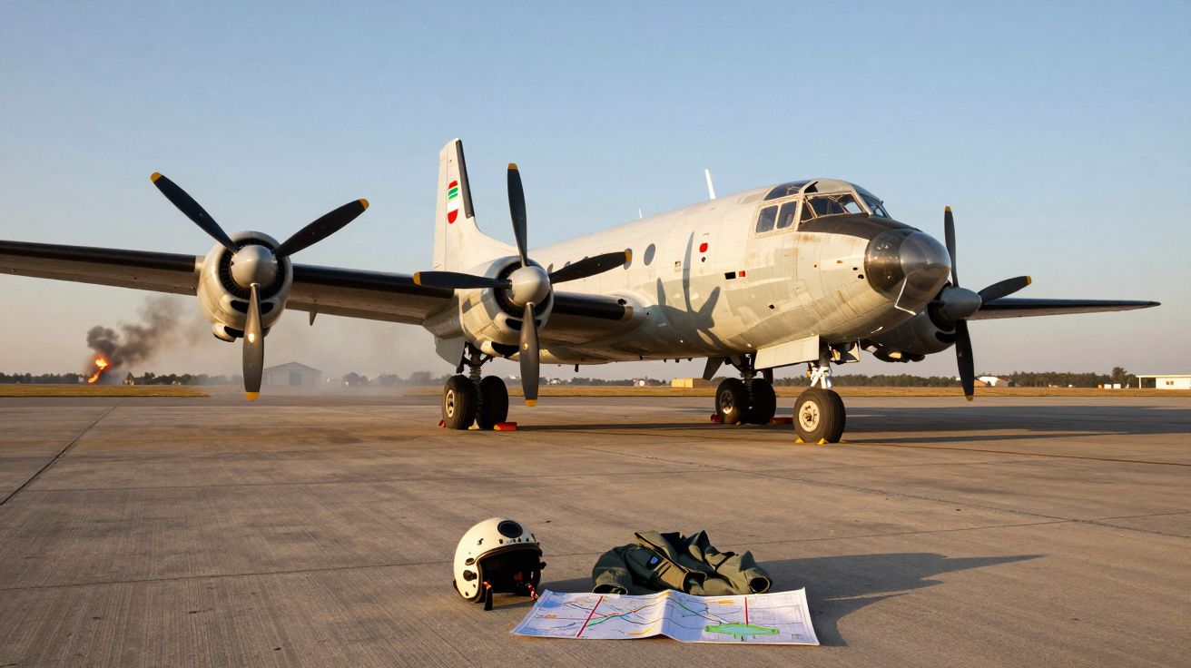 Avion de transport cu patru motoare cu elice pe pistă, cască și hartă pe asfalt, fum în depărtare.