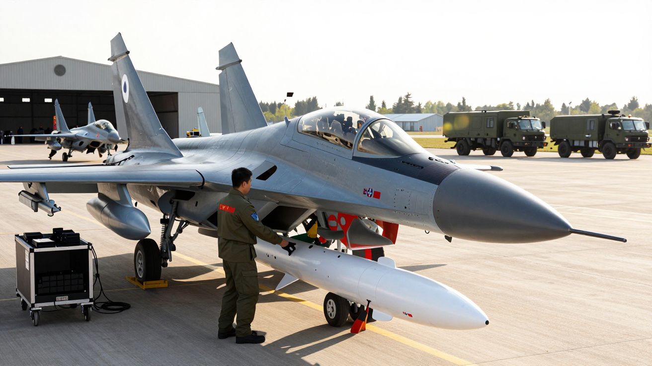 Un avion de luptă gri pe pistă, cu un tehnician care verifică o rachetă atașată sub aripă.