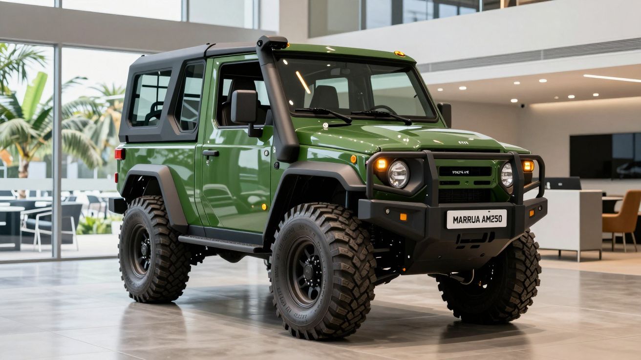 Mașină off-road verde, tip SUV robust cu anvelope mari, în interior modern și luminos.