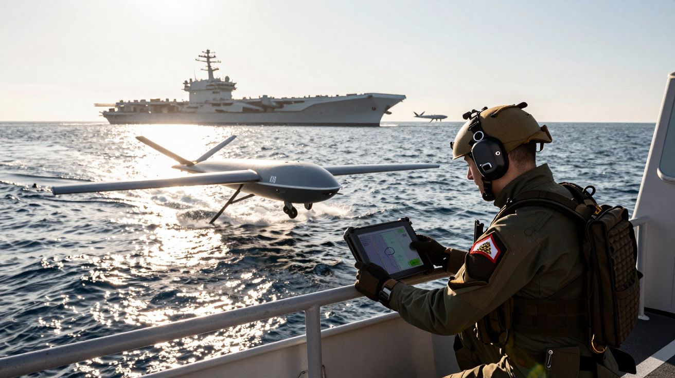 Un militar controlează o dronă pe apă, cu un portavion la orizont sub lumină de apus.