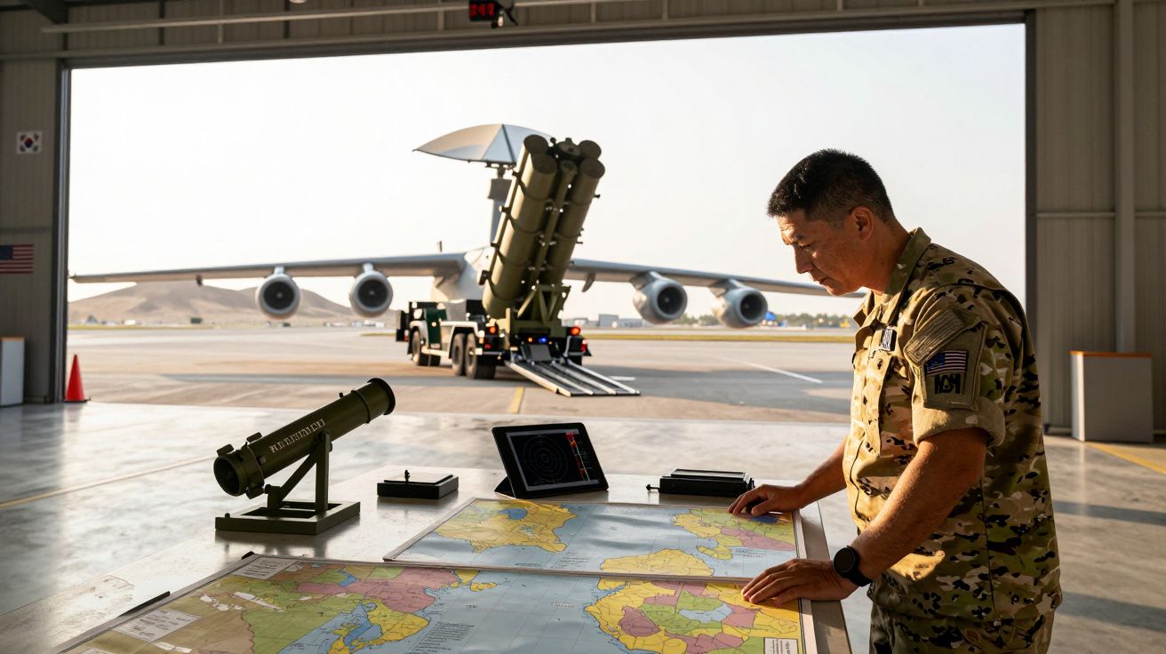 Militar în uniformă verificând hărți pe o masă într-un hangar, cu avion militar și lansator de rachete în fundal.