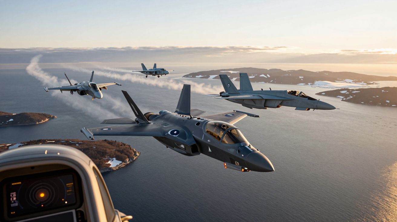 Patrulă aeriană formată din patru avioane militare de luptă zburând peste un peisaj cu apă și insule la apus.
