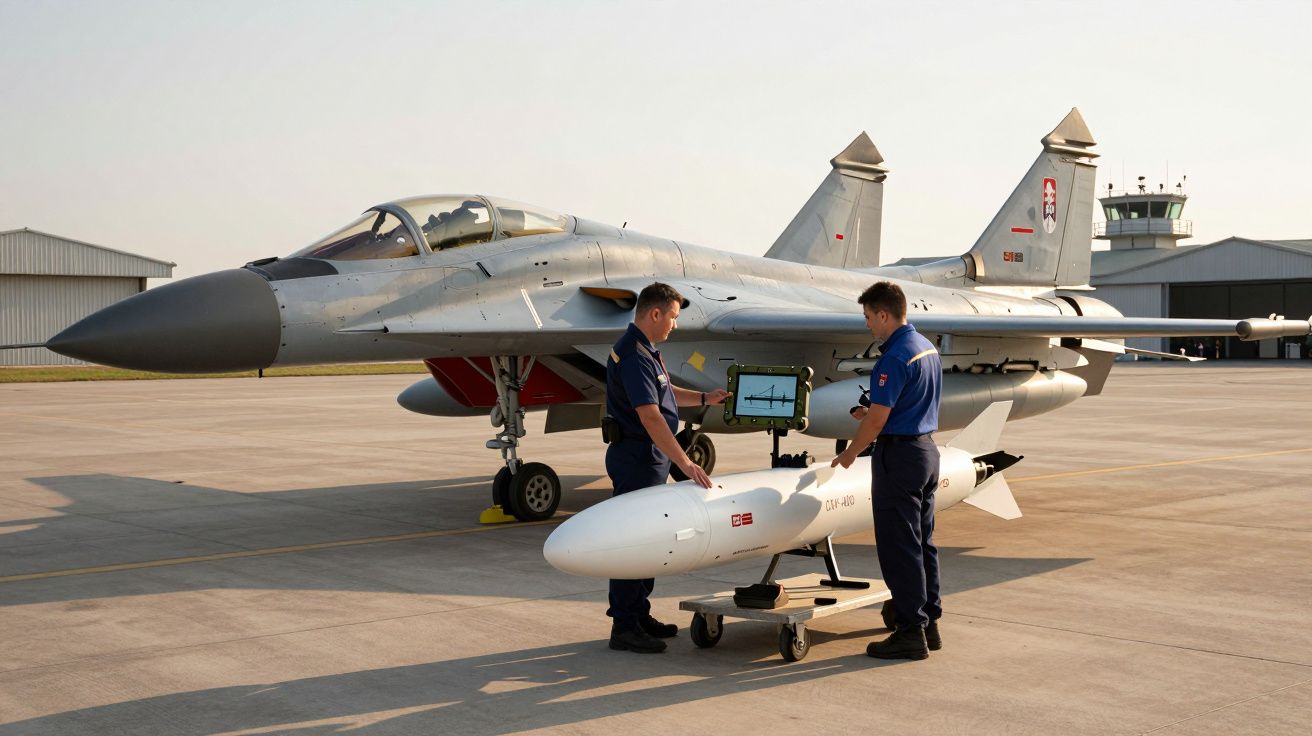 Doi piloți militari verifică o dronă de dimensiuni mari în fața unui avion de vânătoare pe pistă.