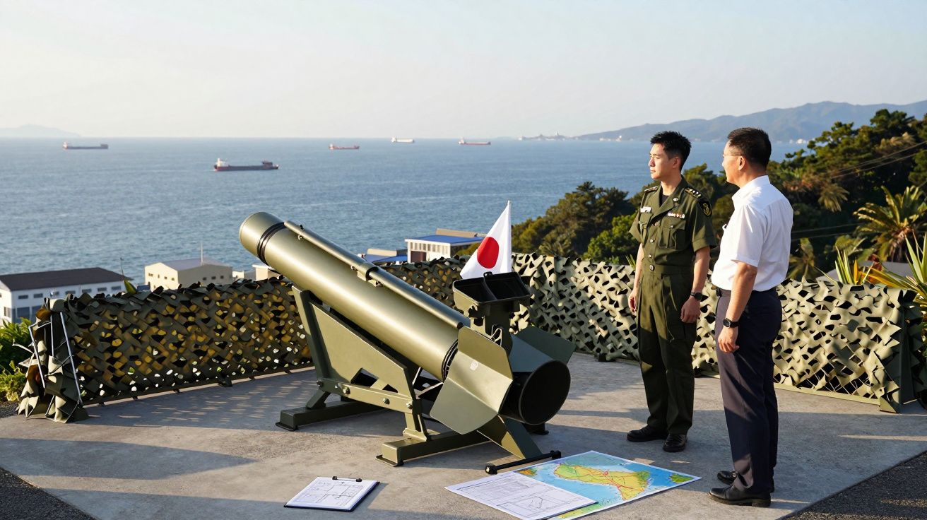 Doi bărbați lângă un tun mare pe o platformă, cu steagul Japoniei și vedere spre mare cu nave.