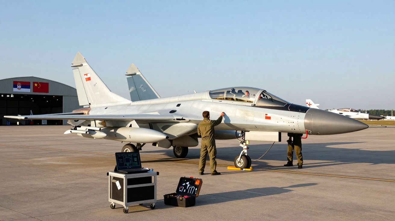 Avion de luptă militar pe pistă cu doi tehnicieni și echipament de testare la sol.