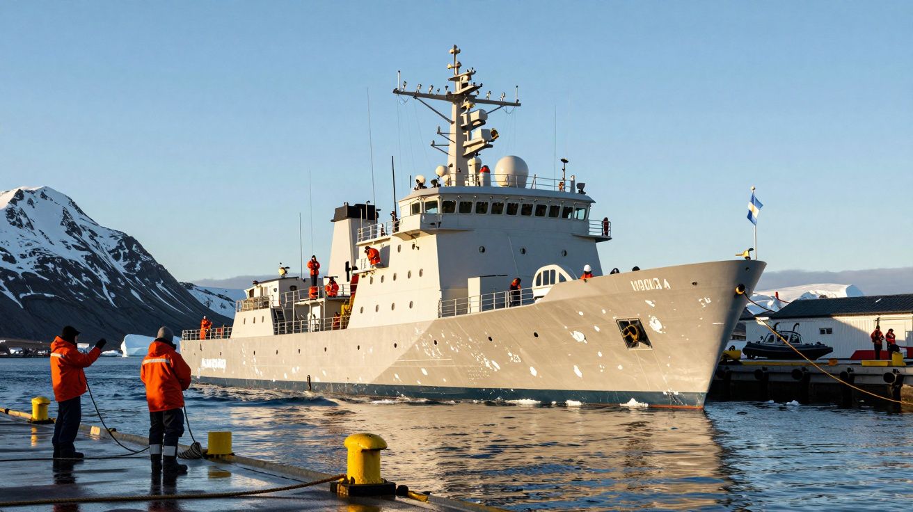 Vapor de cercetare alb în port, cu munți acoperiți de zăpadă și oameni îmbrăcați în haine portocalii.