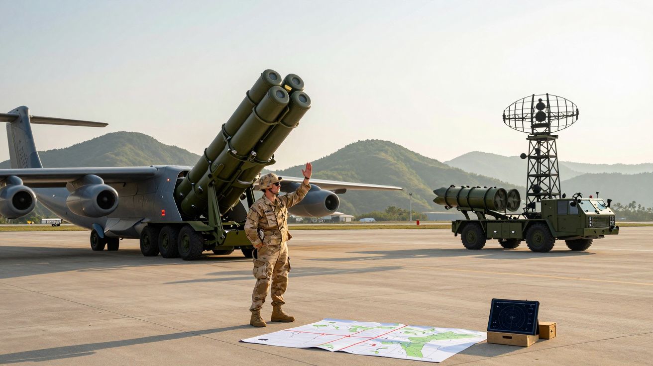 Soldat militar în uniformă camuflată pe pistă aeriană lângă rachete și echipamente radar, cu munți în fundal.