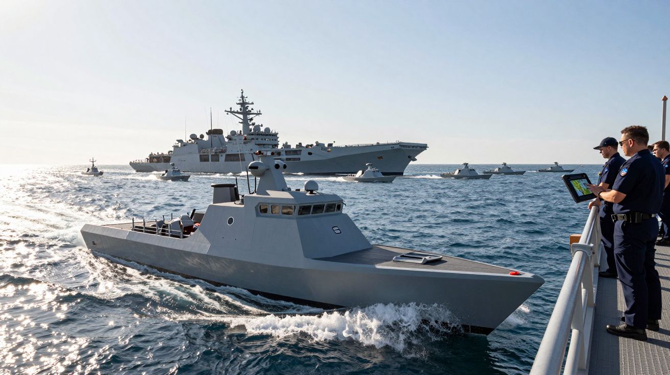 Distrugător de dronă și mai multe nave militare pe mare, cu ofițeri observând de pe punte.