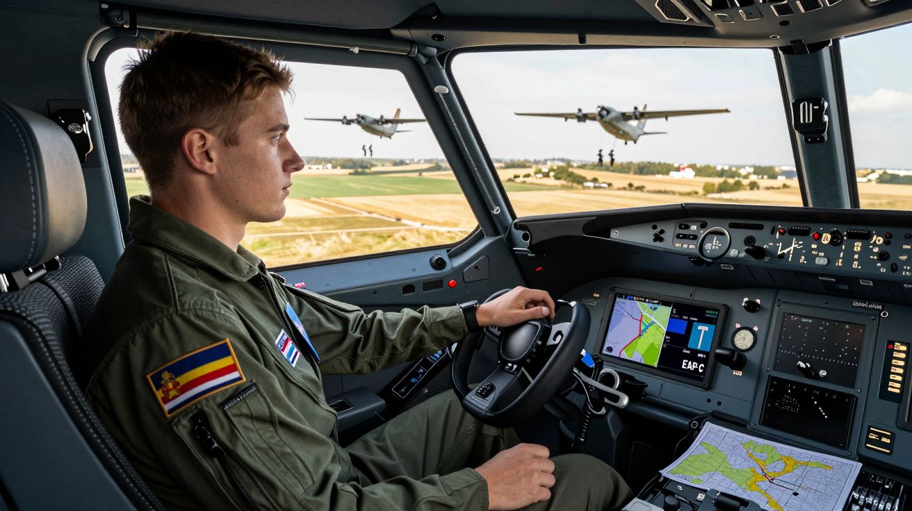 Pilot într-un avion de luptă controlând echipamentul cu două avioane decolează în depărtare văzute prin parbriz.