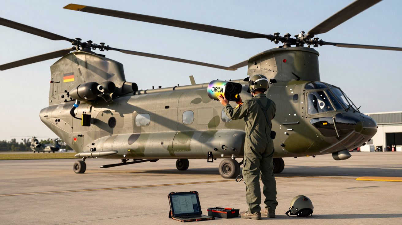 Un tehnician în uniforme militare pregătește un elicopter de transport greu pe pistă.