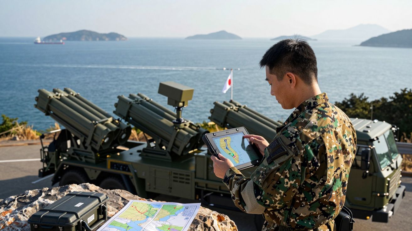 Soldat în uniformă camuflată operează o tabletă cu hartă lângă lansatoare de rachete în apropierea mării.