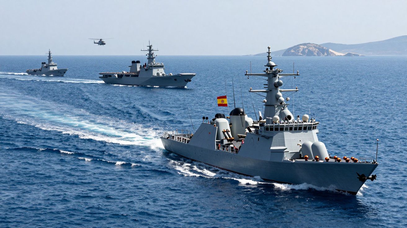 Trei nave militare navigate în linie pe mare, cu un elicopter zburând deasupra, insule în depărtare.