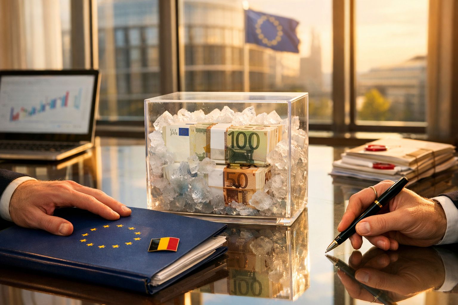 Bancnote euro în gheață pe birou, laptop deschis, dosar cu steagul UE și România, mâini scriind.