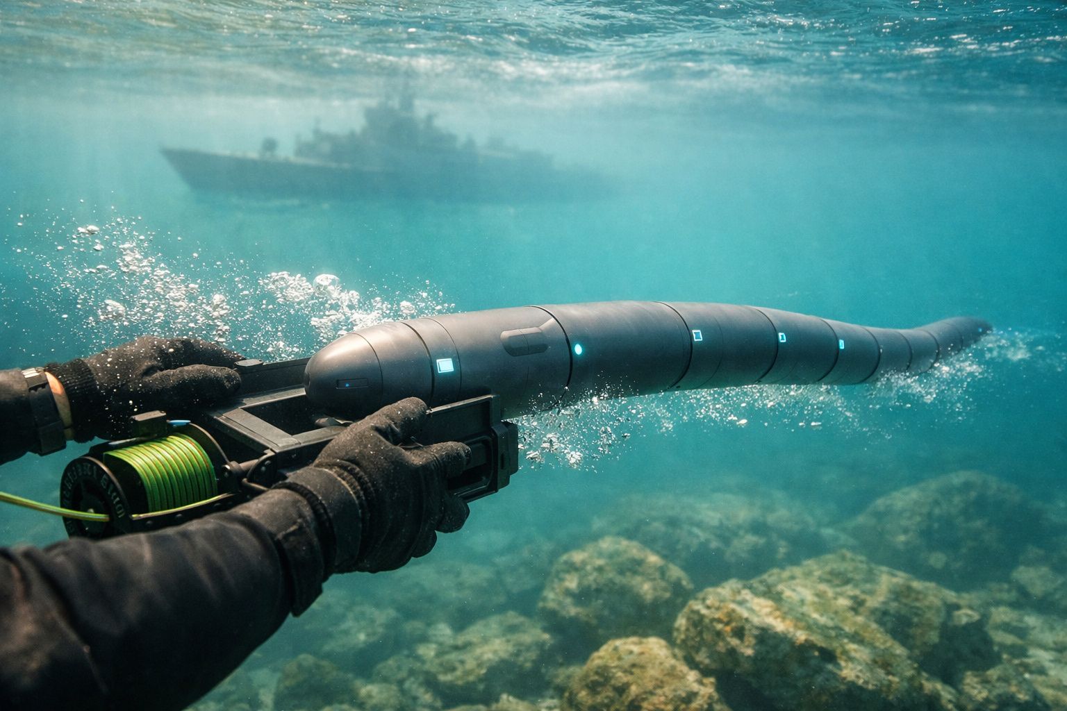 Persoană controlând un robot subacvatic șarpe în apă, cu o navă în depărtare și stânci pe fundul mării.