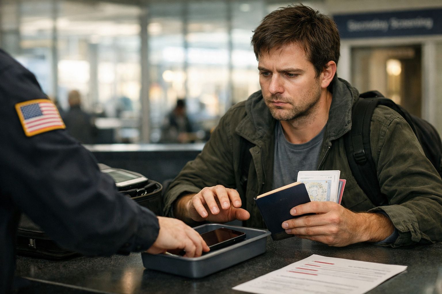 Bărbat la controlul pașapoartelor într-un aeroport, ținând un pașaport și telefon, discută cu un ofițer.