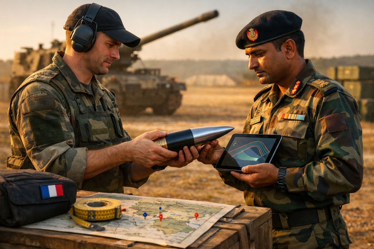 Doi soldați discută lângă o hartă, ținând un obuz și o tabletă cu proiecții de traiectorii.