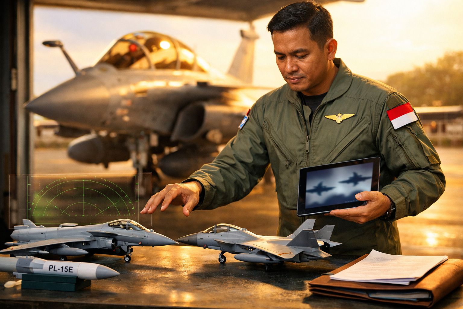 Bărbat în uniformă verde examinează modele de avioane de luptă pe o masă, cu un avion real în fundal.