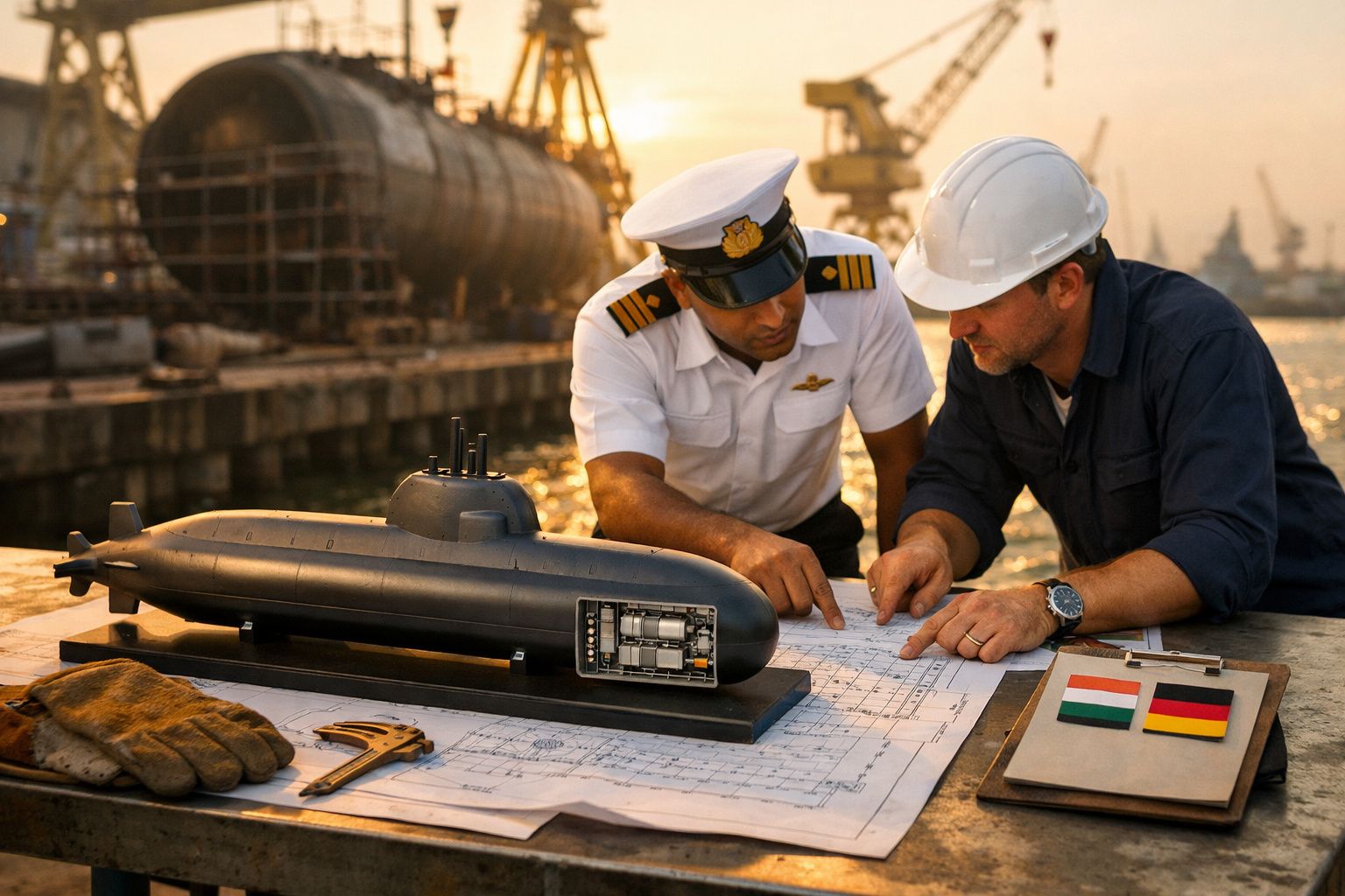 Doi bărbați, unul în uniformă navală, discută planuri cu un model de submarin în fundalul unui șantier naval.