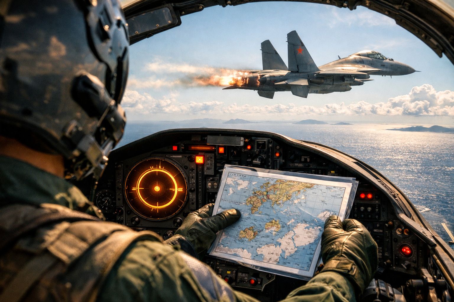 Pilot într-o cabină de avion ținând o hartă, în timp ce un avion de luptă zboară deasupra mării.