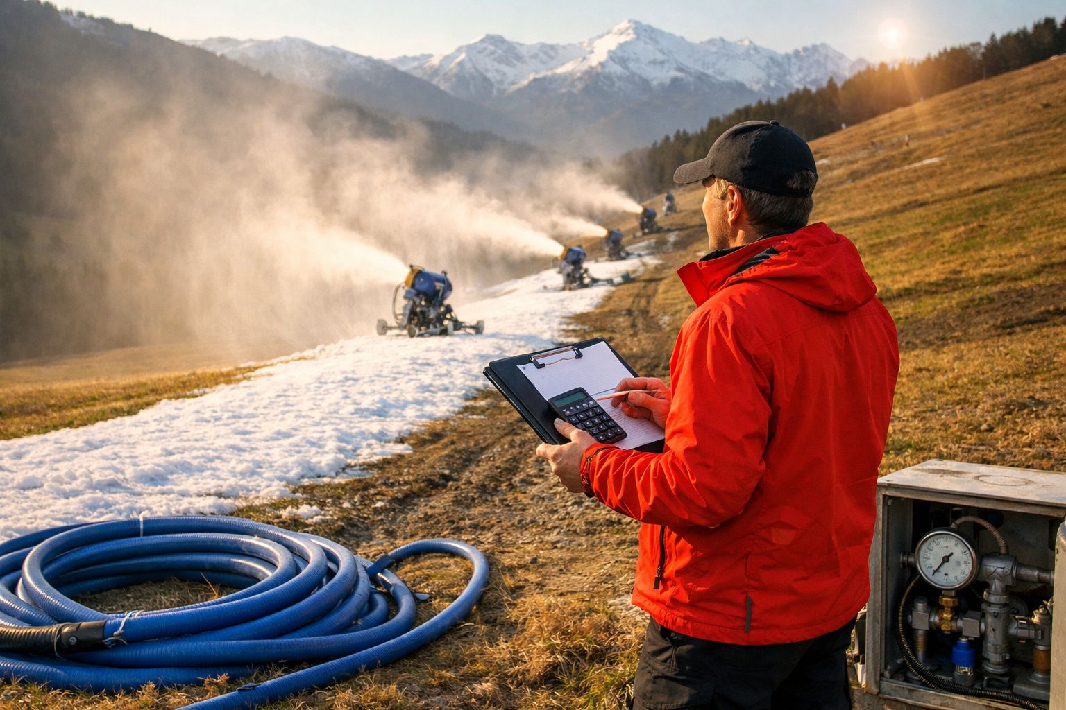 Bărbat în jachetă roșie supraveghează producția de zăpadă artificială pe un câmp montan, cu tunuri de zăpadă în fundal.