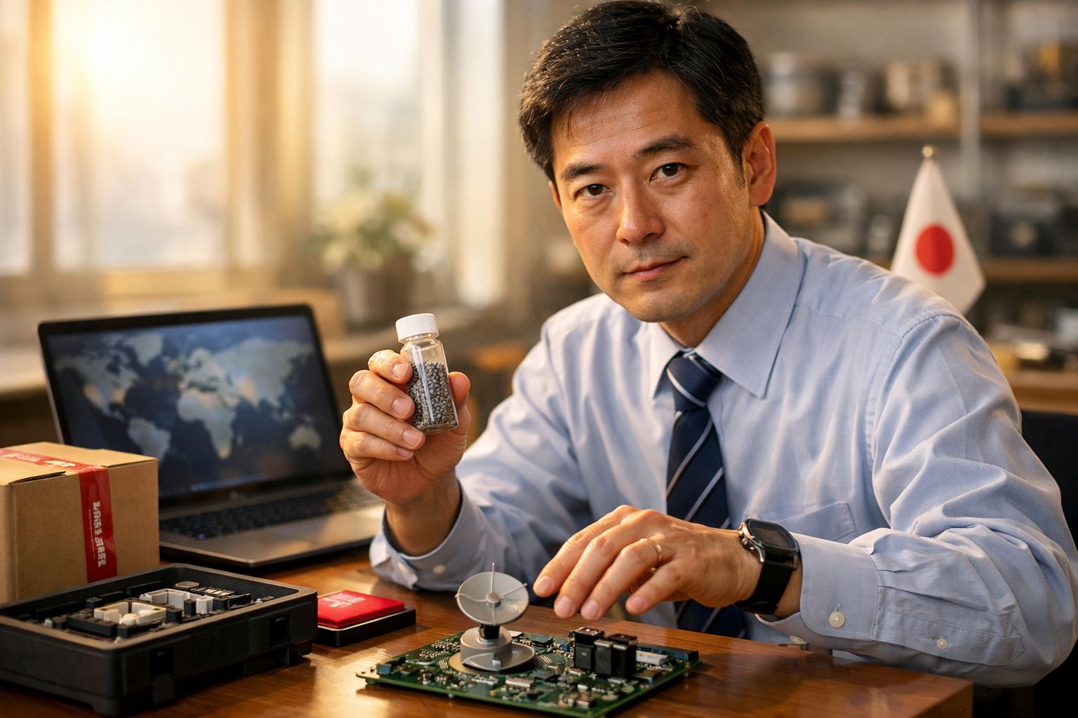 Bărbat în cămașă albă ținând un recipient mic, lucrând la o placă electronică pe un birou, în fundal un laptop.