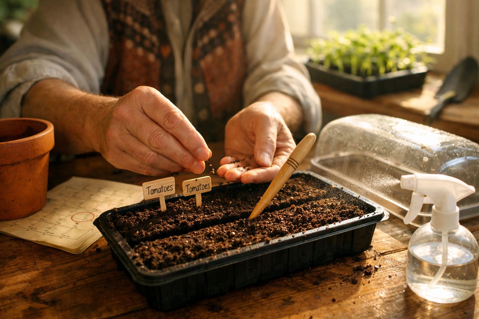 Persoană plantând semințe de roșii într-o tavă de răsaduri pe o masă de lemn, cu un pulverizator de apă alături.
