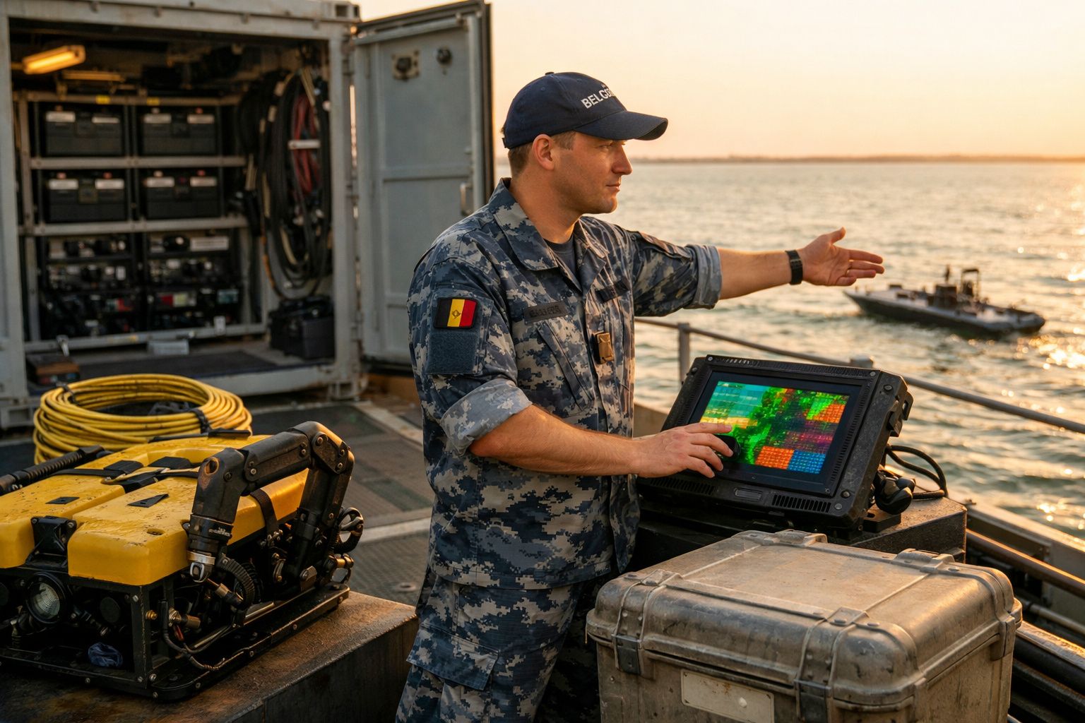 Bărbat în uniformă marină operând un ecran tactil pe o navă, cu un aparat subacvatic galben lângă el.