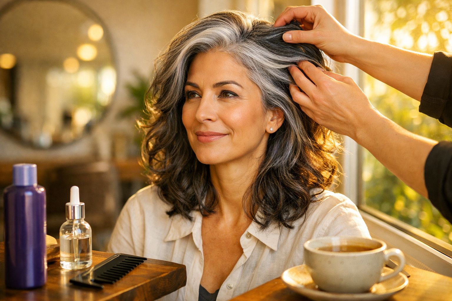 Femeie cu păr grizonat la salon, zâmbind, cu mâinile coafezei ajustându-i părul.