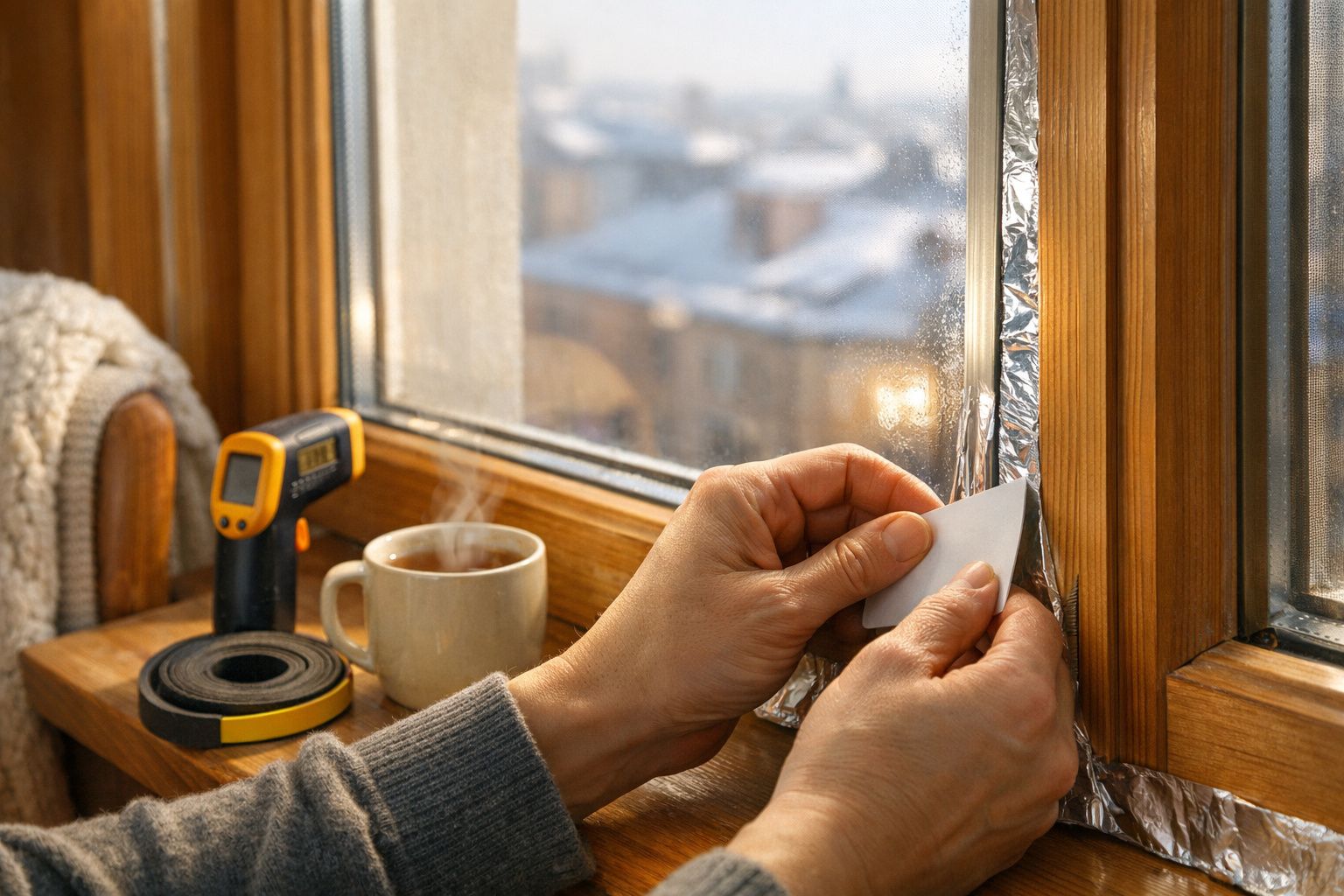 Persoană izolează fereastra cu bandă termică, alături de un ceai cald și un aparat de măsurare a temperaturii.